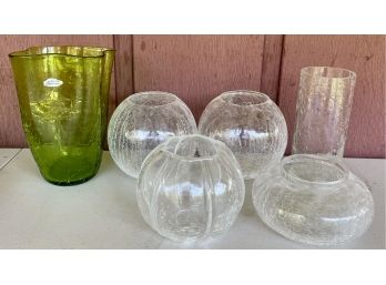 Lot Of Vintage Crackle Glass Vases And Bowls - Blenko And More