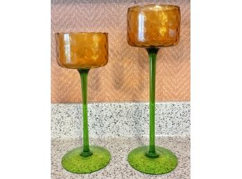 (2) Vintage Green And Orange Art Glass Candle Holders
