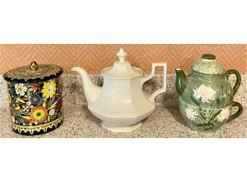 (2) Tea Pots - (1) Design Pac Stacking With Cup And Holland Tea Tin
