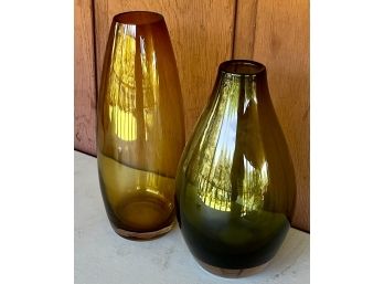 Crate And Barrel Olive Como Art Glass Vase And An Amber Art Glass Vase