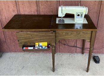 Vintage Sewing Machine Table With Sears Kenmore Model 158-950 Sewing Machine, Power Cable, And Pedal