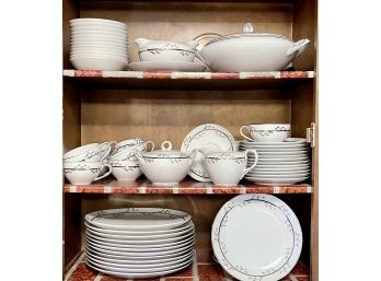 Large Vintage Silver Trim And Cherry Pattern Fukagawa Dinnerware Set Including Plates, Bowl, Cups, And More