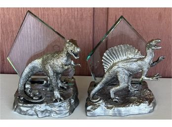 (2) Michael Ricker Dinosaur Collection Pewter Figurines - T Rex 33/300 And Spinosaurus 34/300 With Glass Backs