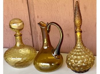 (2) Mid Century Modern Hand Blown Amber Glass Jeannie Bottles - Decanters And (1) Hand Blown Handled Pitcher