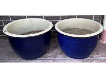 (2) Large Blue Glaze Pottery Planters