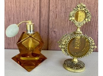 (2) Vintage Amber Crystal Perfume Bottles - (1) With Gold Gilt