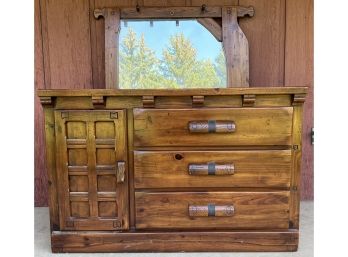 Rustic Solid Pine Link-Taylor RawHide 3-drawer Dresser With Cabinet And Mirror