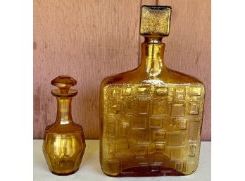 (2) Mid Century Modern Amber Crystal And Glass Decanters (as Is)