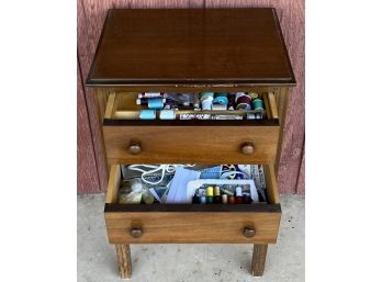 Vintage Wooden 2-drawer Side Table With Sewing Contents -