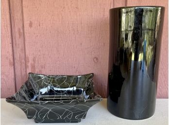 Mid Century Modern Gilner California Black And White Planter And Black Pottery Vase