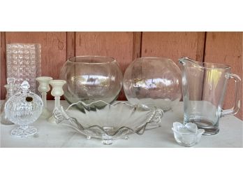 Clear Glass Lot - Libby Pitcher, Cristal France, (2) Terrariums, And Art Glass Bowl
