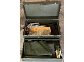 Authentic WWII Footlocker With Original Leather Handle And Metal Trim - Contains Clothing, Netting, And More