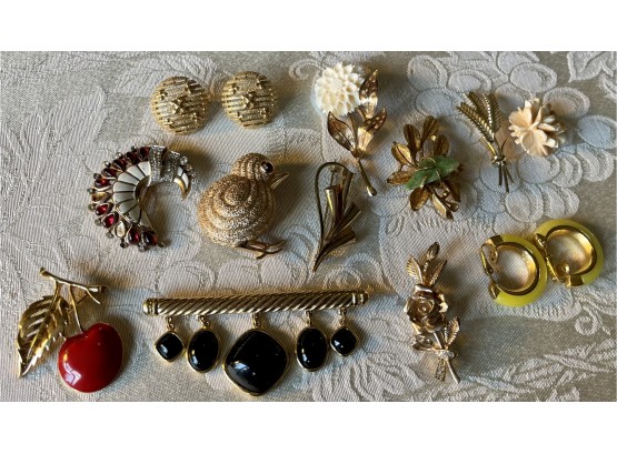 Vintage Trifari Jewelry Lot - 12k Gold Filled Pins, Enamel, Rhinestones, BSK, And More