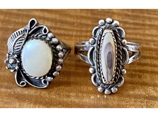 (2) Sterling Silver Navajo Shell Stone Rings - White Size 3.5, Oblong Is Size 6