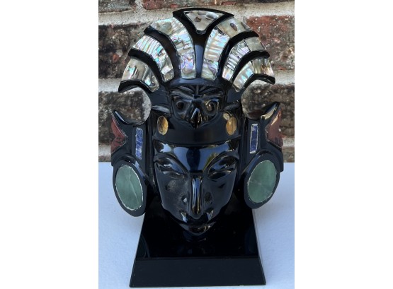 Carved Onyx Mask With Jadeite, Lapis, Tigers Eye, And Abalone Inlay