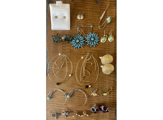 Lot Of Vintage Earrings - Some Sterling Silver, Faux Turquoise, Enamel, Rhinestone, And More