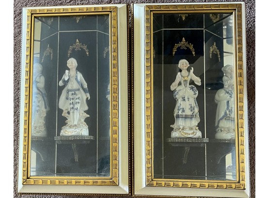 (2) Meissen Style Ceramic Male & Female Figurines In Mirrored Shadow Boxes