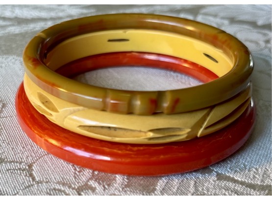 (3) Vintage Bakelite Bangle Hand Carved Bracelets - Mustard Yellow, Olive & Paprika, Red Orange