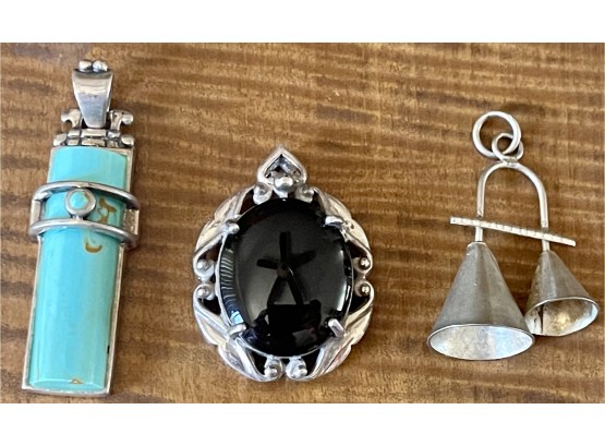 (3) Sterling Silver Pendants - (1) With Faux Turquoise And (1) With Onyx