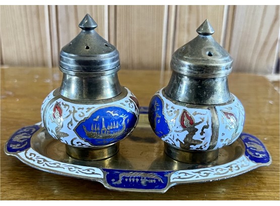 Small Siam Brass And Enamel Salt & Pepper With Tray