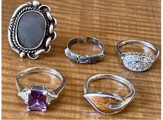 (5) Sterling Silver Rings With Faux Stone And FAS Amethyst Sizes 7 And 8