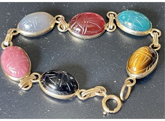 14k Gold And Stone Scarab Bracelet - Carnelian, Agate, Tigers Eye, And More - 12.5 Grams