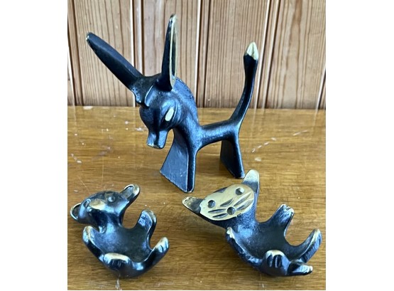 (3) Walter Bosse Mid Century Modern Brass Pieces - Trinket Ring Bowls Bear, Cat And Standing Donkey