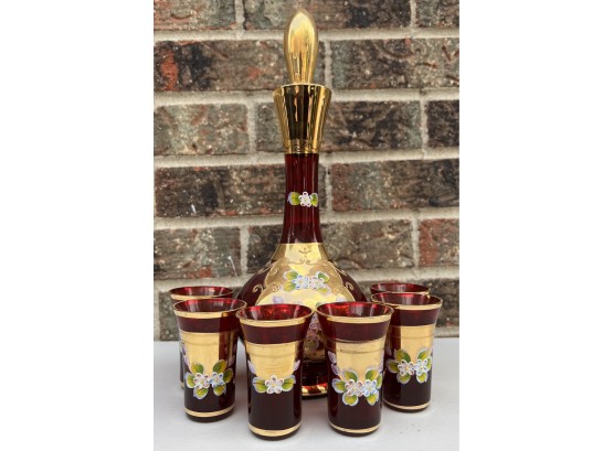 Antique Bohemian Glass Gold Enamel Painted Czech Glass Decanter With (6) Glasses
