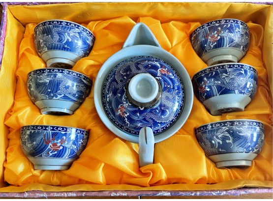 Made In China 8 Piece Porcelain Dragon Pattern Tea Set In Original Box