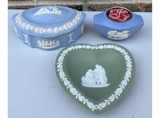 (3) Pieces Of Wedgewood Including Jasperware Heart Dish, Lidded Trinket Box, And Candle Holder