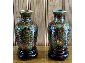 (2) Miniature Cloisonne Enamel Brass Vases With Carved Wood Bases