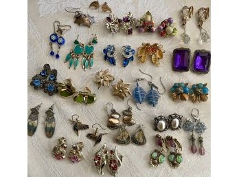 Vintage Collection Of Boho Clip On, Post, And Wire Earrings - Enamel, Trifari, Art Glass, Monet, And More