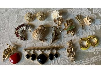 Vintage Trifari Jewelry Lot - 12k Gold Filled Pins, Enamel, Rhinestones, BSK, And More