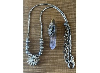 Vintage Silver Tone Necklace And A Amethyst Crystal With A Wizard Face Pendant