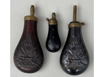 (3) Assorted Antique Copper And Brass Powder Horns - Made In Italy, USA, And Unmarked