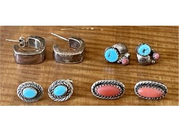 Sterling Silver Earring Lot - Navajo, Turquoise, And Coral