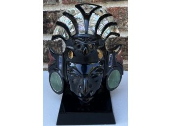Carved Onyx Mask With Jadeite, Lapis, Tigers Eye, And Abalone Inlay