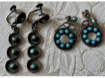 (2) Vintage Pair Of Sterling And Turquoise Earrings
