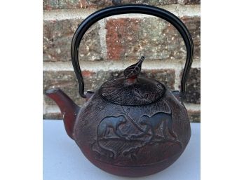 Vintage Japanese Solid Cast Iron Jungle Motif Tea Pot With Strainer