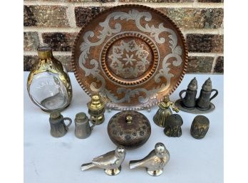 Lot Of Brass, Pewter, And Copper Items Including Salt And Peppers, Haig's Bottle, And More
