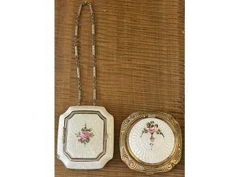 (2) Vintage Guilloche Compacts - (1) With Metal Handle - (as Is)