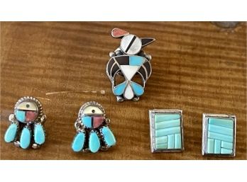 Lot Of Native American Jewelry - Zuni Earrings, ML Turquoise Inlay, And Zuni Inlay Pin