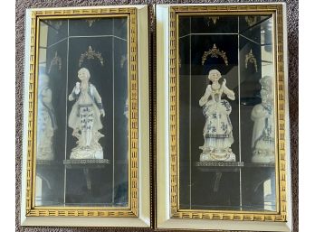 (2) Meissen Style Ceramic Male & Female Figurines In Mirrored Shadow Boxes