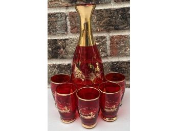 Bohemian Glass Gold Enamel Ruby Red Vodka Sake Decanter & 5 Shot Glasses