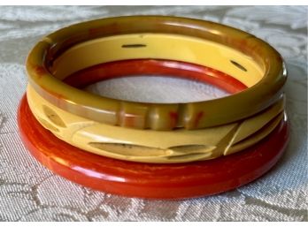 (3) Vintage Bakelite Bangle Hand Carved Bracelets - Mustard Yellow, Olive & Paprika, Red Orange