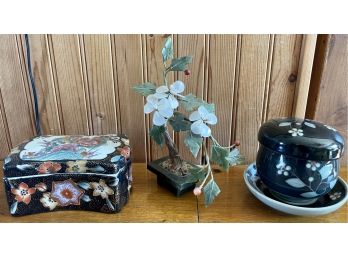 Vintage Asian Lot - Bonsai Tree Jadeite Base & Leafs - MOP Flowers & Carnelian - Two Porcelain Trinket Boxes