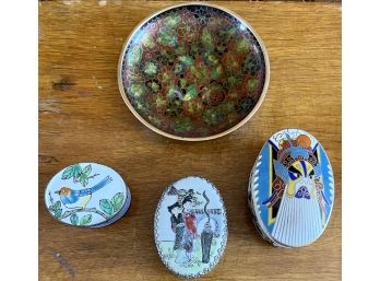 (2) Cloisonne Brass Trinket Boxes With Porcelain And Silver Tone Box And Small Cloisonne Plate