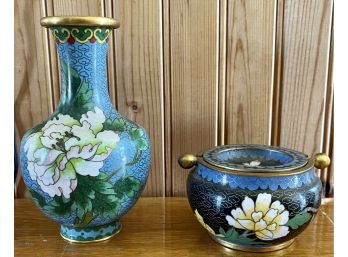 Vintage Cloisonne Enamel And Brass Vase With Flip Top Ash Tray