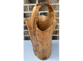19 Inch Carved Burl Wood Basket With Handle