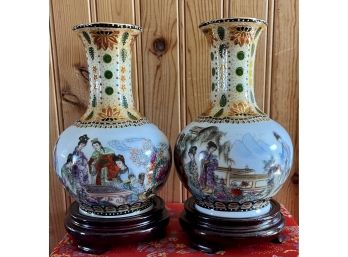 Yi Lin Arts And Treasures Of China Porcelain And Enamel Painted Set Of Vases In Original Box With Wood Stands